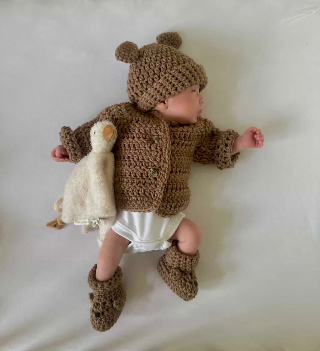 Cardigan, Hat & Bootie Set - Brown