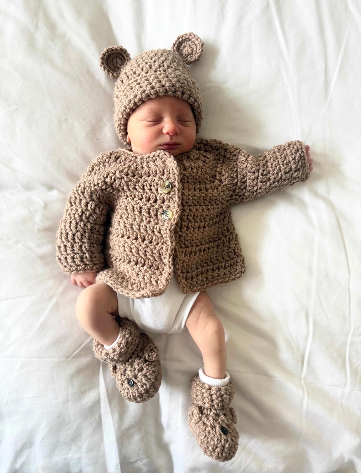 Cardigan, Hat & Bootie Set - Brown