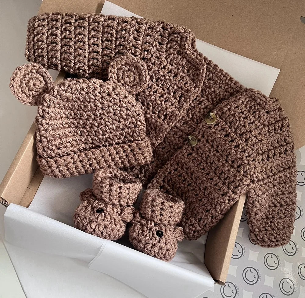 Cardigan, Hat & Bootie Set - Brown