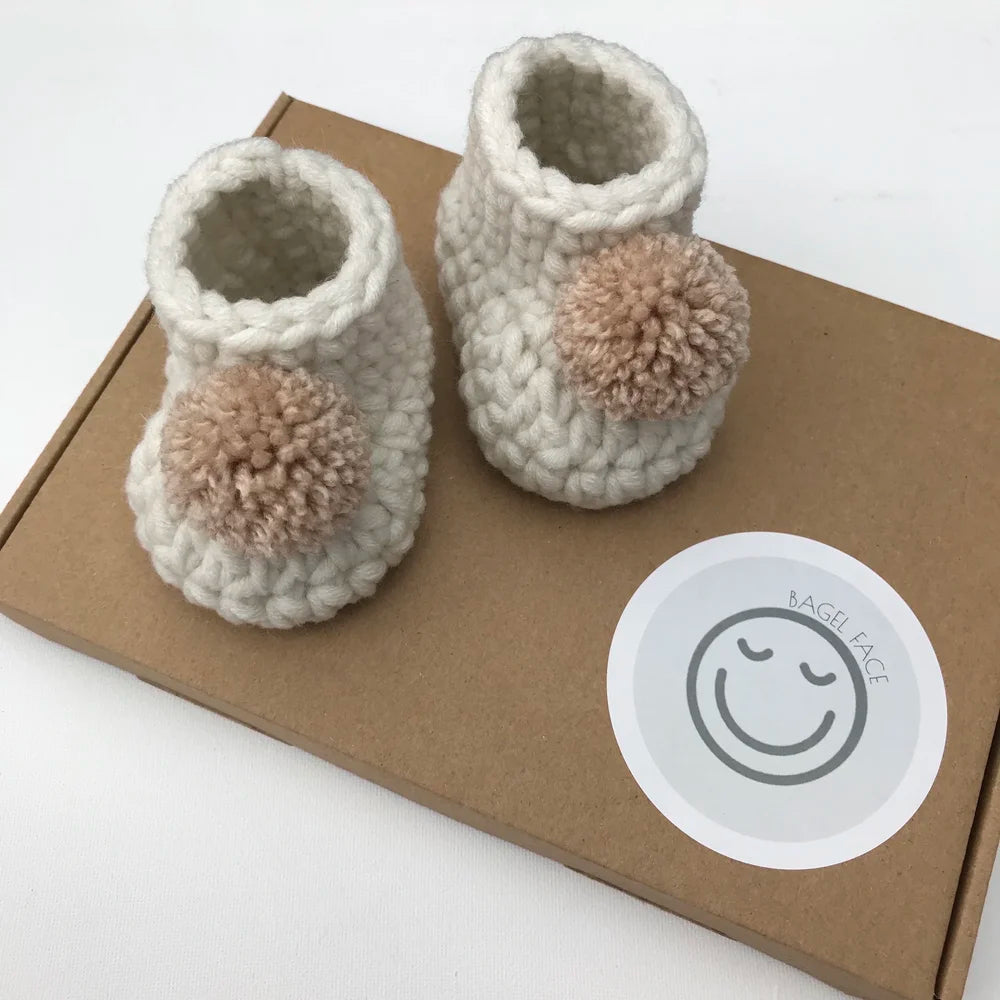 Pom Pom Baby Booties (Cream & Oatmeal)