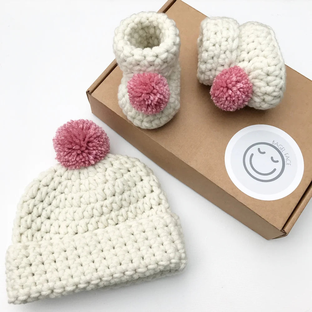 Pom Pom Hat & Bootie Set (Cream & Pink)