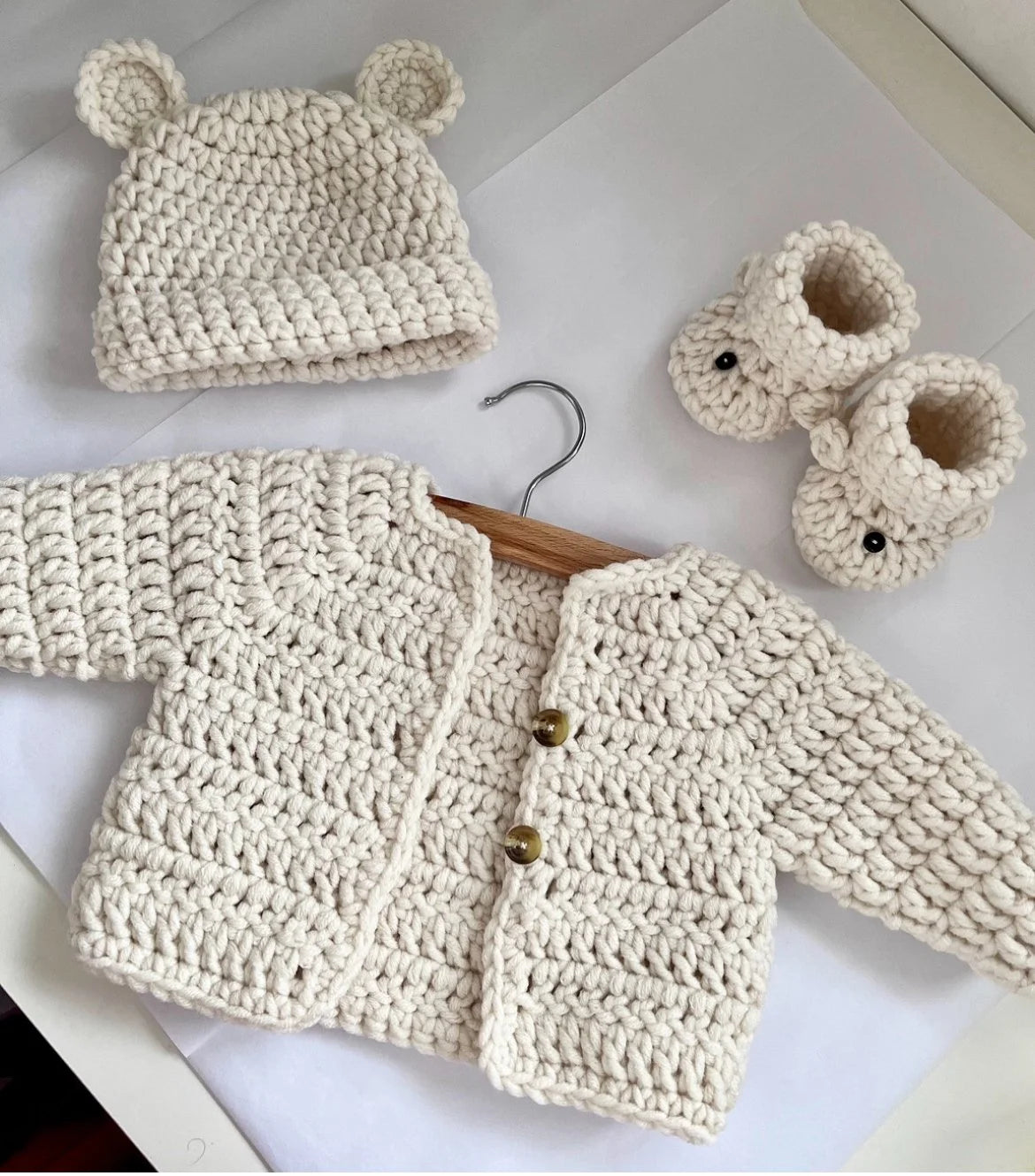 Cardigan, Hat & Bootie Set - Cream