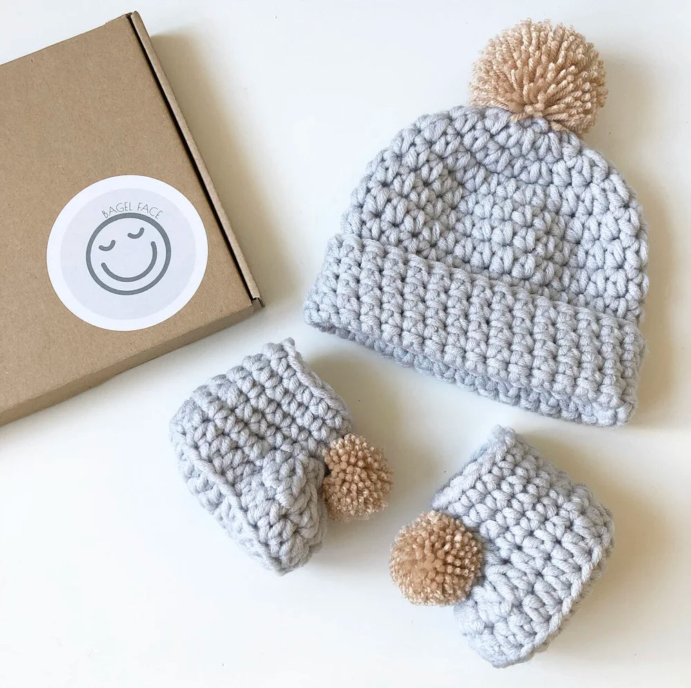Pom-Pom Hat & Bootie Set (Dove Grey & Honey)