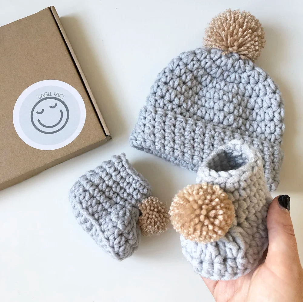 Pom-Pom Hat & Bootie Set (Dove Grey & Honey)