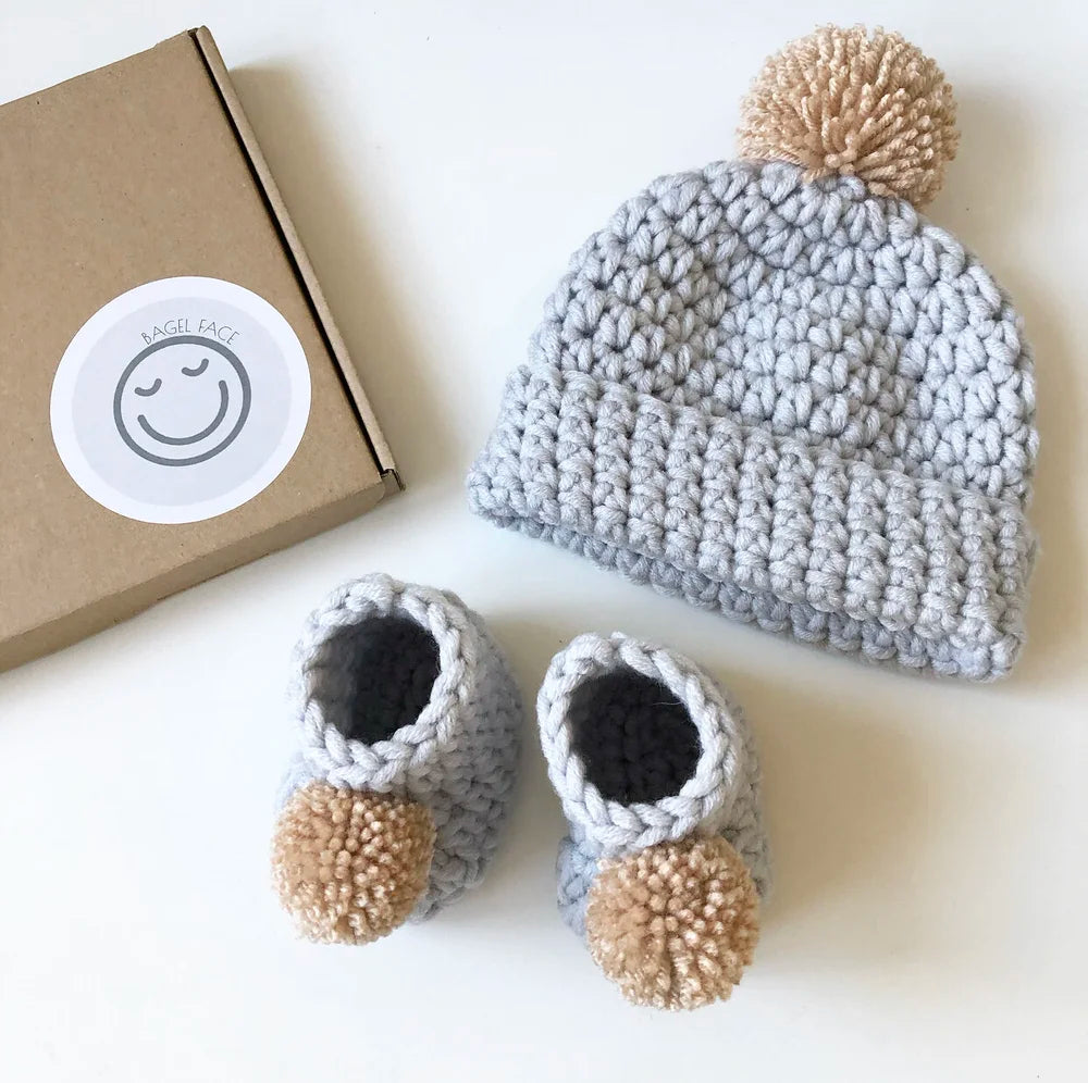 Pom-Pom Hat & Bootie Set (Dove Grey & Honey)