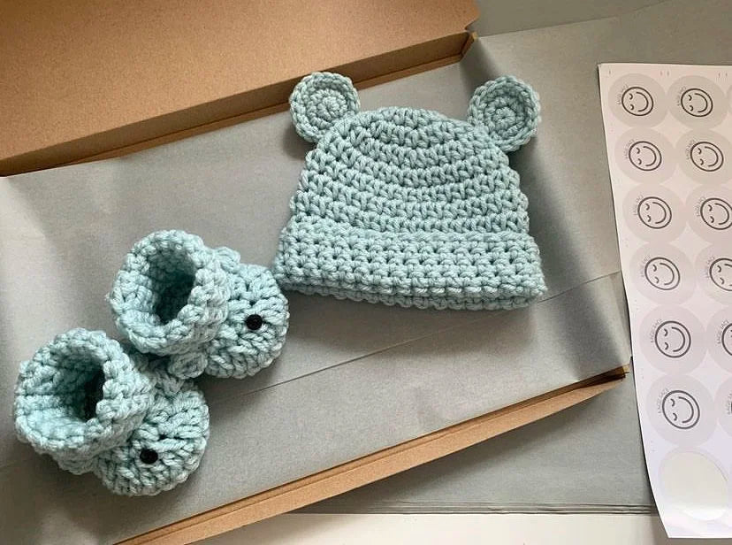 Baby Hat & Bootie Set - Duck Egg (Pom-Pom OR Bear)