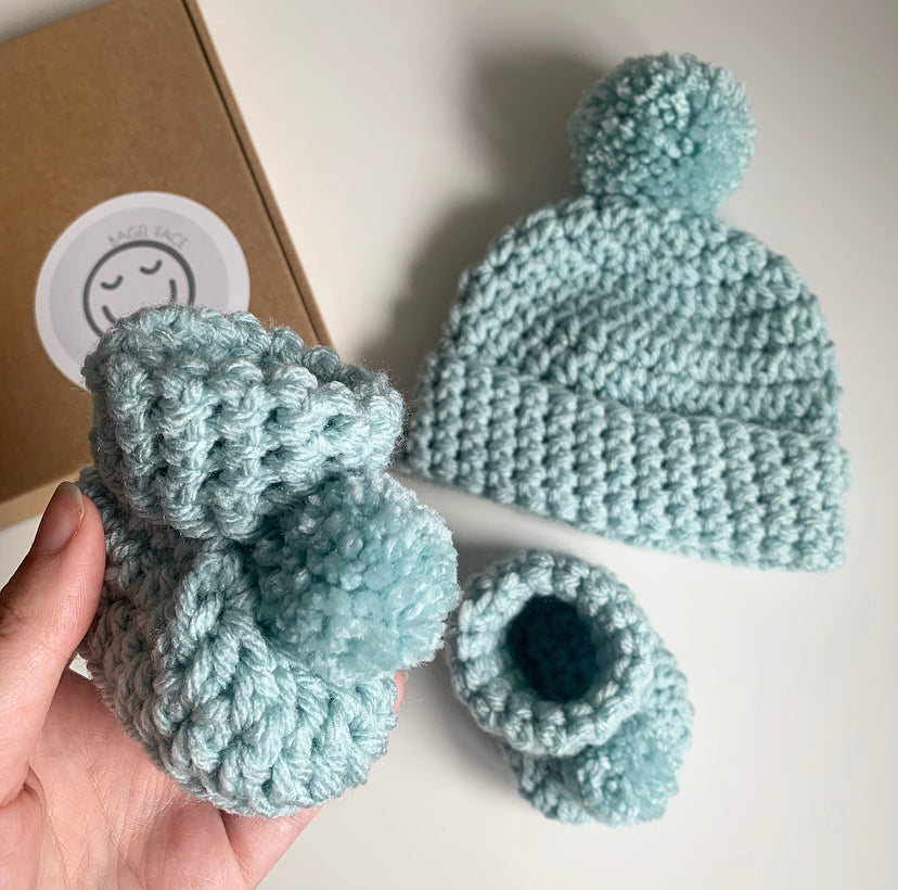 Baby Hat & Bootie Set - Duck Egg (Pom-Pom OR Bear)