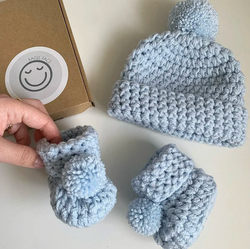 Baby Hat & Bootie Set (Pom-Pom OR Bear) - Iced Blue