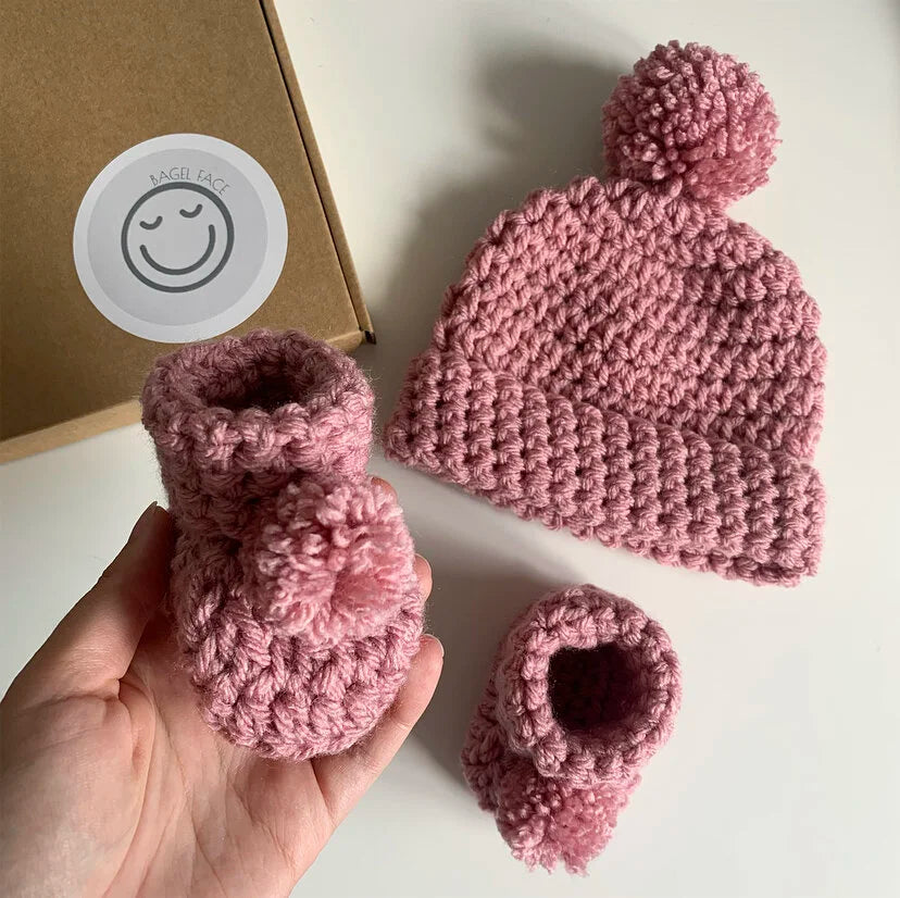 Pale Rose Pink Hat & Boot Set (Pom-Pom OR Bear)
