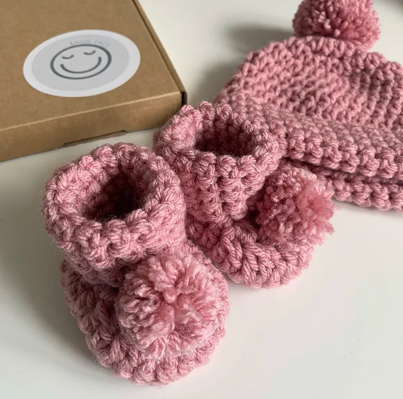 Pale Rose Pink Hat & Boot Set (Pom-Pom OR Bear)