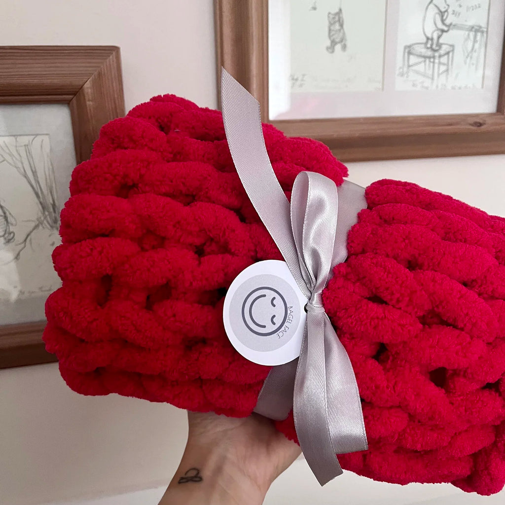 Chunky Hand-Knitted Baby Blanket (Red)