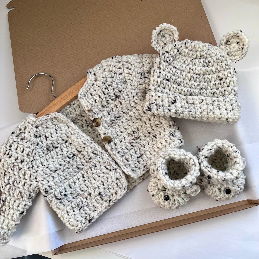 Cardigan, Hat & Bootie Set - Speckle