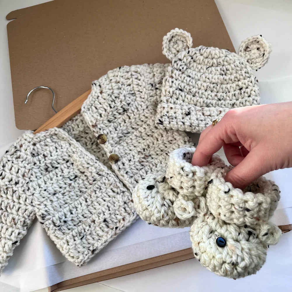 Cardigan, Hat & Bootie Set - Speckle