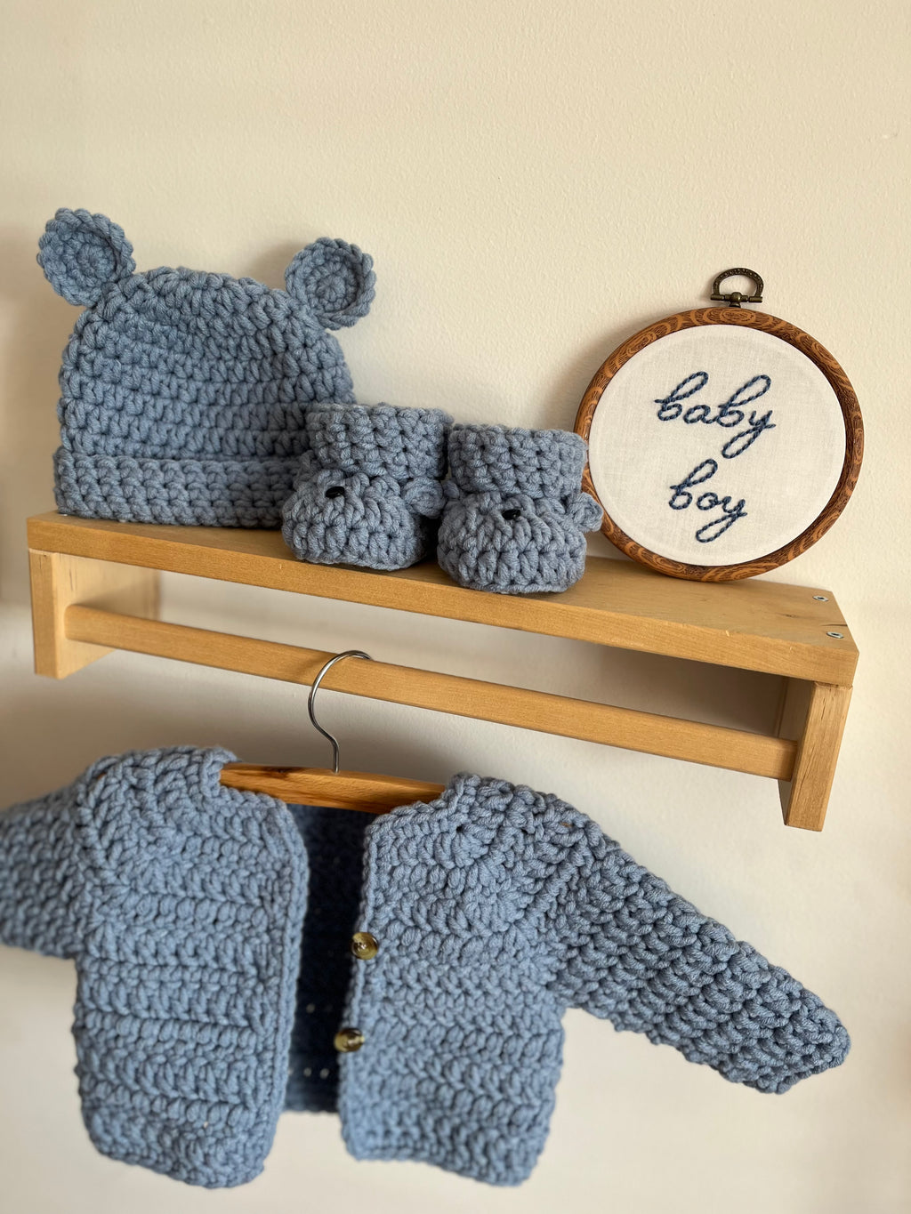 Cardigan, Hat & Bootie Set - Steel Blue