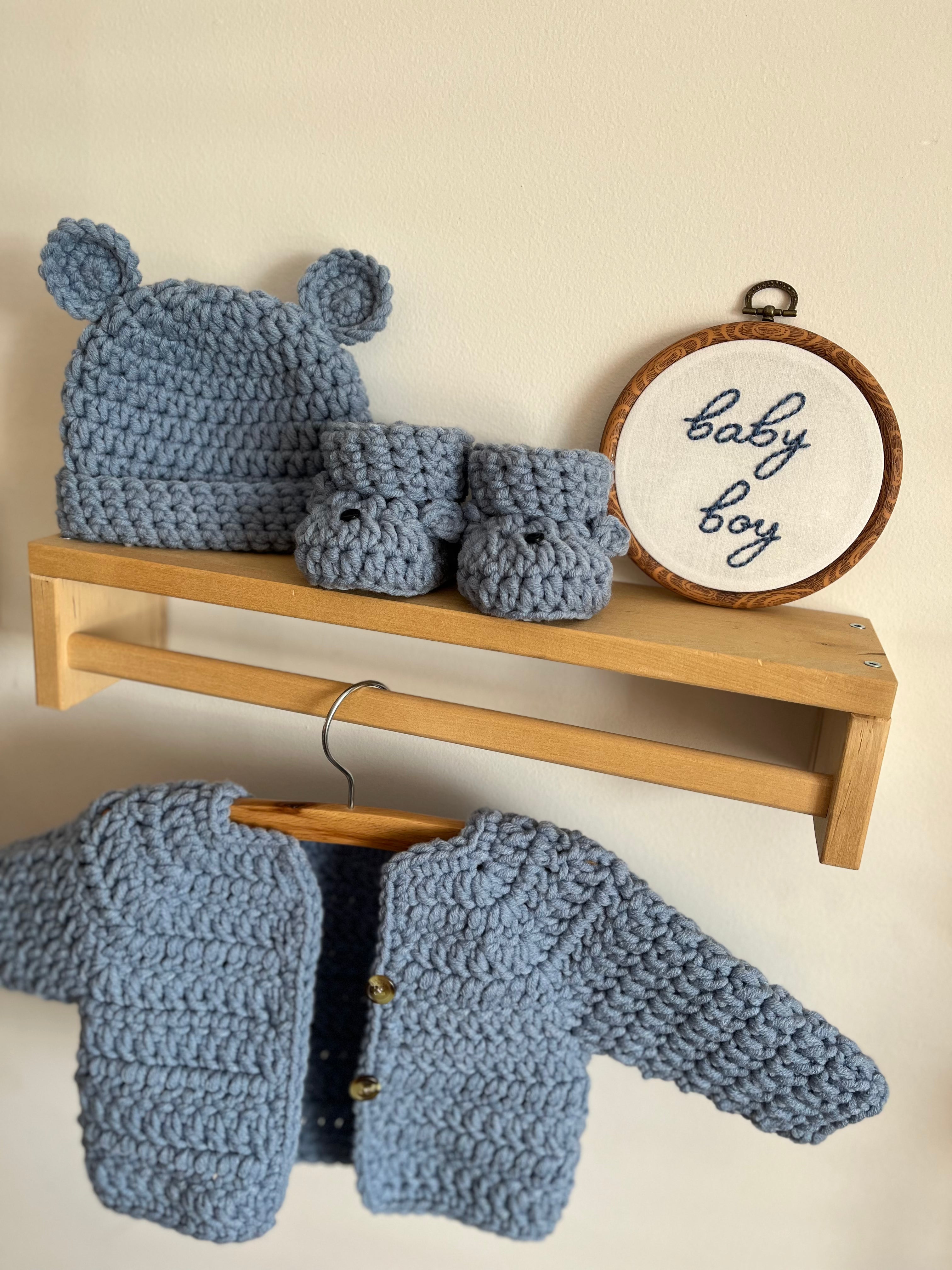 Cardigan, Hat & Bootie Set - Steel Blue