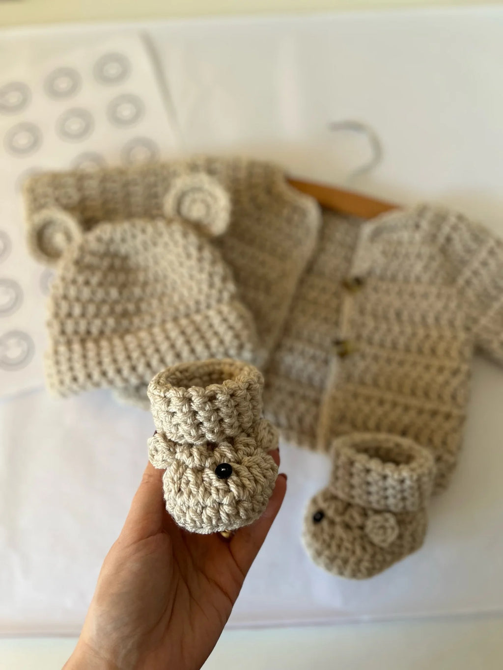 Cardigan, Hat & Bootie Set - Stone